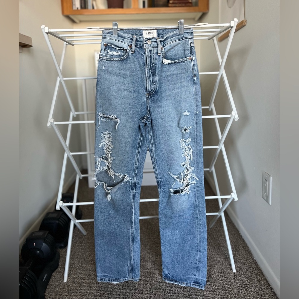 AGOLDE 90's Mid Rise Loose Fit Straight Leg Distressed Denim Jeans, Size 24